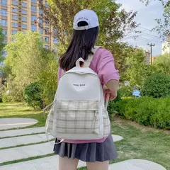 Mochila estudantil retrô com zíper, grande capacidade, mochilas de lona xadrez, mochila feminina - loja online