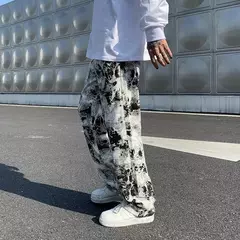 Calça jeans de perna larga larga estilo coreano masculina, calça esfregando, rua alta, hip hop, estampada, moda primavera, 2021 - loja online