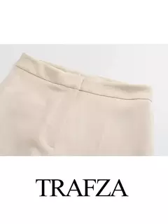 TRAFZA-Calças de fenda de perna reta feminina, calças de cintura alta com zíper, bolso traseiro, decoração fina, moda feminina, tricolor, novo