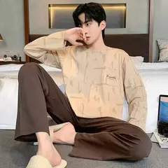 Pijama de algodão de duas peças masculino, calça de manga comprida, traje caseiro, estudante e adolescente, novo outono - loja online