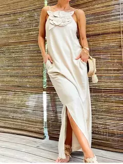 Vestido maxi solto sem mangas feminino, monocromático, halter de flores, festa elegante, streetwear, moda feminina, Novo, 3D, 2024 - comprar online