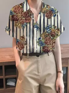 Camisa feminina colorida em 3D com estampa floral, tops de manga curta, botão, gola elegante, primavera e outono, 2024 na internet