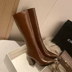 Botas de salto alto para mulheres, zíperes laterais, botas longas para senhoras