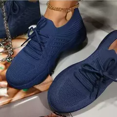 Tênis de malha respirável com cordões para mulheres, sapatos vulcanizados com plataforma, tamanho grande - loja online