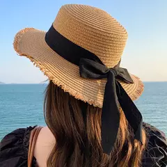 Chapéu de palha com laço feminino, aba larga, top macio, proteção solar, acessórios de praia, verão - Wolf Magazine