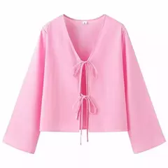 TRAF-Top feminino de manga comprida, camisas casuais, blusas amarradas femininas, blusas de praia de verão, branca, 2024 - comprar online