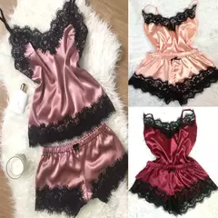 Mulheres guarnição de renda cetim cami top e conjuntos de pijama, erótico Home Wear, pijamas femininos, alça sem mangas, pijamas sexy moda