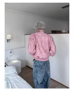 Jaqueta de couro PU recortada masculina, colarinho virado para baixo na moda, cor gradiente, casaco retrô com zíper, outwear de motocicleta masculina, primavera na internet