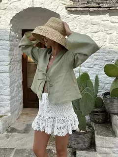 Imagem do Camisas femininas com laço de linho e algodão com renda, blusa solta de manga longa com decote V profundo, blusa casual feminina, primavera e verão