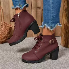 Botas de salto alto com renda para mulheres, plataforma de fivela, sapatos de couro artificial, moda feminina, 2024