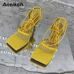 Aneikeh-bombas de malha sexy para mulheres, sandálias de dedo quadrado, salto alto, lace-up, cross-tied, stiletto, vestido de festa, verão, 2022 na internet