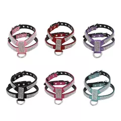 Coleira para cães, cinta peitoral ajustável, produtos para animais de estimação, coleira para cães, liberação rápida, brilhante, em forma de k, strass, couro pu - comprar online