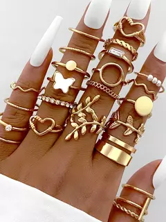 28 pçs conjunto de anel de moda para mulheres em forma de coração design geométrico boêmio elemento acento anel uso diário namoro festa jóias 2025 - Wolf Magazine