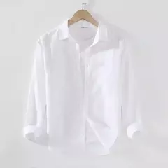 Camisa de linho de algodão respirável masculina, gola virada para baixo, manga comprida, monocromática, havaiana, casual, nova, outono na internet