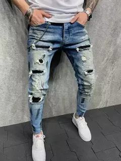 Calça jeans rasgada e skinny masculina, calça lápis jeans casual, stretch slim fit, remendos de endotécio, buraco de grade, nova moda - comprar online
