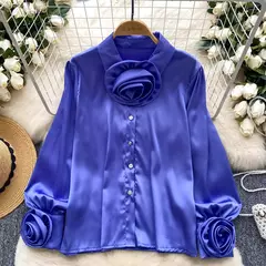 Elegante cetim tridimensional flor manga longa lapela blusa chique vintage moda colheita topo feminino camisas de outono roupas - comprar online
