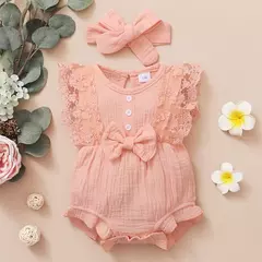0-18 meses do bebê recém-nascido menina liso macio bodysuit laço queimado manga verão macacão com bandana da criança roupas da menina do bebê