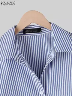 ZANZEA-Blusa feminina listrada de manga comprida, tops de túnica com botões, camisas elegantes, casual e elegante, verão, 2023 - loja online