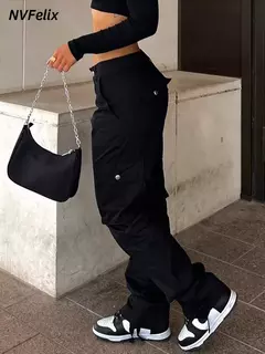 Imagem do Calça jeans larga de cintura alta feminina, calça cargo cinza, calça larga, moda casual, bolsos múltiplos, estilo de rua Hip Hop, mãe, vintage, verão
