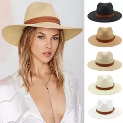 Chapéu Panamá de palha natural de aba larga para homens e mulheres, proteção UV, Fedora, chapéu de sol, verão de praia, atacado, tamanho grande, 56-58, 59-60cm, novo