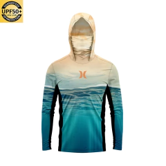 Imagem do UPF 50 + proteção solar dos homens Hoodie, painéis laterais respiráveis, máscara facial respirável, manga comprida, SPF, ao ar livre, caminhadas camisas