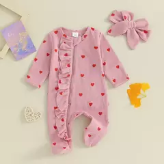 Pudcoco-macacão de bebê menina com estampa de coração, manga comprida para os pés, com zíper e bandana de 0 a 6 anos