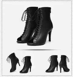 Imagem do Hroyl sapatos de dança de salto alto mulher bege preto botas de dança latina mulheres dedo do pé aberto rendas até botas stiletto para meninas sola de camurça