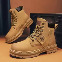 Botas casuais de cano alto masculinas, bota masculina de motocicleta, calçado de trabalho com renda, ruibarbo robusto, retrô, inverno