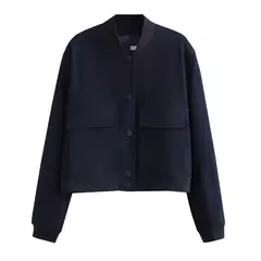TRAF-Jaqueta bomber feminina de manga comprida com bolsos, casacos vintage, botão frontal, casacos casuais femininos, tops chiques, moda - loja online