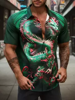 Camisa de manga curta masculina com padrão dragão chinês, gráfico retrô, abertura de cama, tecido elástico de 4 vias, 2024
