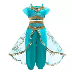 Michella moda meninas teal-azul princesa jasmim cosplay vestido de halloween vestido de festa de aniversário