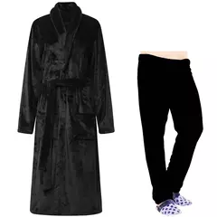 Camisola Nobre Flanela Preta, Longo Robe Termal, Conjunto de Pijamas com Calças, Roupa de Casa, Luxo, Outono, Inverno