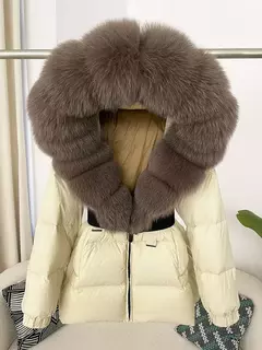 Imagem do Oftbuy 2024 jaqueta de inverno feminina gola de pele de raposa natural real com capuz grosso quente 90% pato branco para baixo casaco feminino streetwear casual