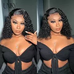 Imagem do Curto encaracolado cabelo humano bob peruca de água frente do laço perucas de cabelo humano para mulheres preplucked brasileiro sem cola 13x4 peruca do laço unikyhair