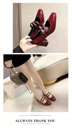 Sapatos Mary Janes de fivela dupla feminina, couro envernizado, cabeça quadrada, salto quadrado, cor sólida, primavera, outono, 2022 na internet