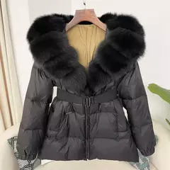 Oftbuy 2024 jaqueta de inverno feminina gola de pele de raposa natural real com capuz grosso quente 90% pato branco para baixo casaco feminino streetwear casual - loja online