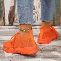 Tênis de malha respirável com cordões para mulheres, sapatos vulcanizados com plataforma, tamanho grande - loja online