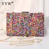 Bolsa acrílica com fecho interligado para menina, bolsa do casamento, pedra multicolorida, corrente de metal, crossbody, ombro, noite, difícil