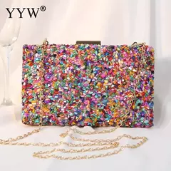 Bolsa acrílica com fecho interligado para menina, bolsa do casamento, pedra multicolorida, corrente de metal, crossbody, ombro, noite, difícil