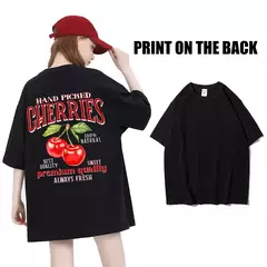 Camisetas femininas de estampa de cereja colhidas a mão, camisetas de algodão, gola redonda grande, manga curta macia, roupas femininas de rua, moda - loja online