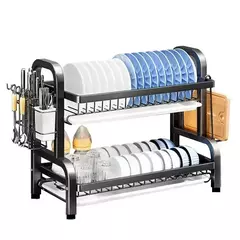 Rack de secagem de pratos, 2 camadas, compacto, cozinha, conjunto de escorredor, grande, à prova de ferrugem, escorredor de pratos com suporte de utensílio - Wolf Magazine