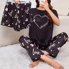 Conjunto de pijama de manga curta feminina, top gola redonda, shorts e calças, lounge wear, roupa de dormir, casual, estampado, 3 peças - comprar online