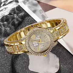 Imagem do Mulheres Relógio de pulso strass e conjunto de joias, Relógio Quartzo, Dourado, Luxo, Anel, Colar, Brinco, Casual, senhoras, Fashion