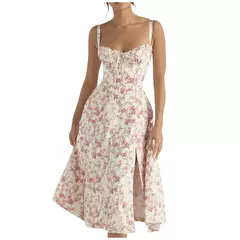 Vestido de verão estampado floral, Laço frontal feminino, Gola quadrada, Vestido de coxa dividido, Cinta de praia, Vestido de noite, Novo na internet