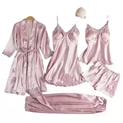 Conjunto de pijama feminino, roupão de seda, roupa de dormir, cami com decote em v, pijamas, pijamas, camisola primavera, 5 peças - Wolf Magazine