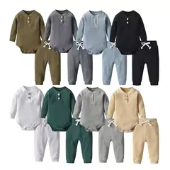 Conjunto de roupas para bebê recém-nascido menino e menina, feito de algodão, com nervuras, manga longa, bodysuit e calça, cor sólida - loja online