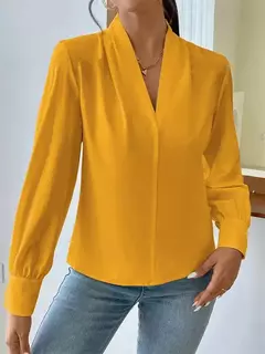 Pulôver de manga comprida com decote V feminino, camisa elegante, estilo britânico, tops urbanos, monocromático, confortável, blusa casual feminina, outono