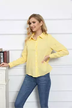 Lazer Branco Amarelo Camisas Botão Lapela Cardigan Top Lady Loose Long Sleeve Oversized Camisa Mulheres Blusas Outono Blusas Mujer na internet