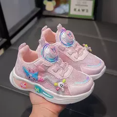 Desenhos animados infantis Anime Kuromi calçados esportivos, malha, fofo, moinho de vento, casual, botão rotativo, tênis, meninas, crianças, moda na internet