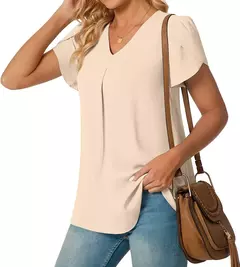 Blusa sexy com plissado e v pescoço para as mulheres, camisa de manga curta, cor sólida, solto, roupas de trabalho, verão, sze-st23015